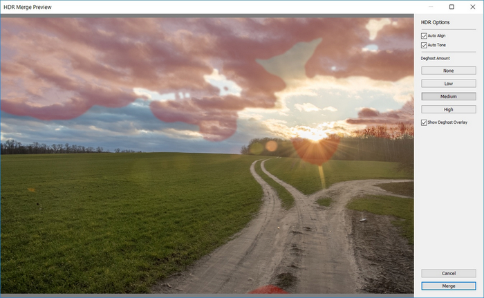 Модуль для создания HDR-изображений в Adobe Photoshop Lightroom. Подсвеченные области показывают несовпадения в исходных изображениях. К ним будет применен алгоритм удаления призраков – Deghosting.